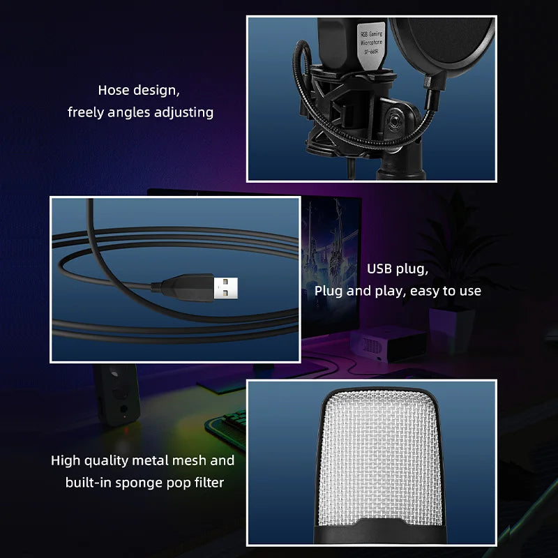 USB Microphone RGB Microfone Condensador noise reduction