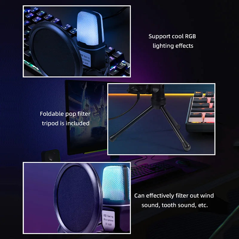 USB Microphone RGB Microfone Condensador noise reduction