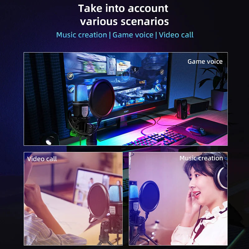 USB Microphone RGB Microfone Condensador noise reduction